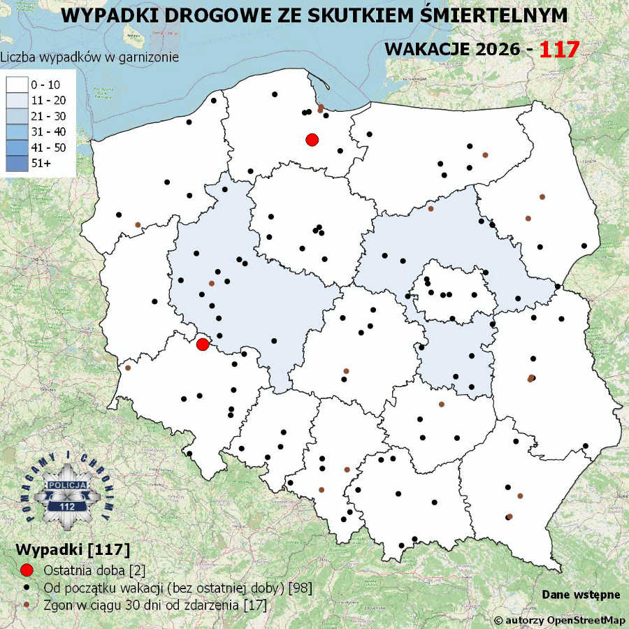 Mapa prezentująca liczbę wypadków poprzedniej doby w Polsce. Prezentowane dane są dostępne w tekście poniżej.
