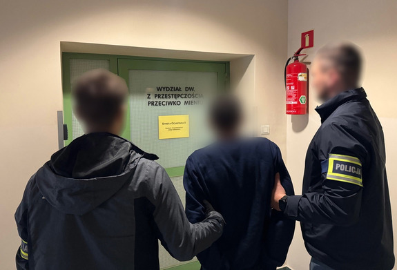 policjanci z zatrzymanym przed drzwiami wydziału