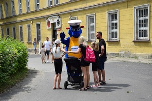 maskotka krakowskiej policji smok Bazyli wita goci przybyłych na piknik