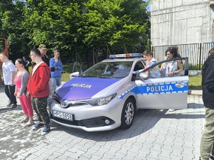 osoby uczestniczące w pikniku wsiadające do radiowozu oraz stojące obok radiowozu