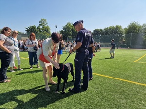 Uczestniczka pikniku głaszcze policyjnego psa