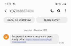 sms dotyczący zatrzymania paczki przez służby celne