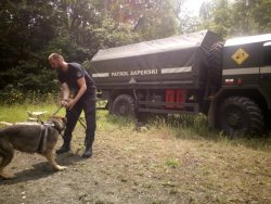 Policjant wraz z psem w trakcie ćwiczeń na poligonie, w tle duży pojazd patrolu saperskiego