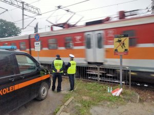 Policjantka z funkcjonariuszem straży ochrony kolei w pobliżu nilegalnego przejścia na tle jadącego pociągu