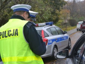 Na pierwszym planie dwóch policjantów ruchu drogowego (białe czapki, kamizelki odblaskowe) przeprowadza kontrolę drogową (widać fragment kontrolowanego pojazdu). W tle widać radiowóz, liście na jezdni (aura jesienna).