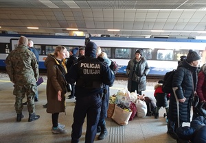 policjant rozmawia z grupą podróżujących