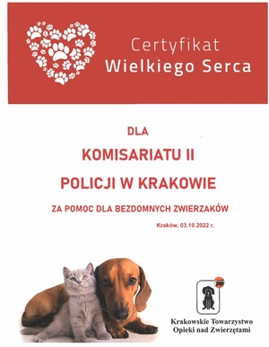 certyfikat wielkiego serca dla Komisariatu II Policji w Krakowie