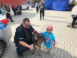 małe dziecko w różowym kasku głaszcze policyjnego psa w towarzystwie przewodnika przy radiowozie, w tle inni ludzie