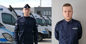 pop prawej stornie widać policjanta w umundurowaniu ćwiczebnym przed radiowozami. Po lewej znajduje się policjant w koszuli służbowej