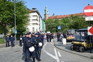 umundurowani policjanci idący przed uczestnikami marszu. W tle widać krakowski Wawel