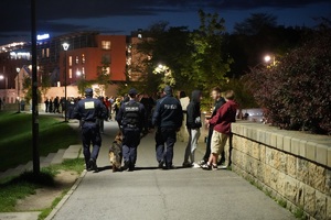 dwóch policjantów w towarzystwie strażnika miejskiego w trakcie patrolu w centrum miasta