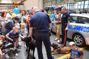 dwaj policjanci z psami służbowymi przy radiowozie, dzieci głaskają psa, w tle inni ludzie