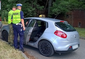 Policjant oraz funkcjonariusz Straży Granicznej rozmawiają z kierowcą taksówki, który znajduję się w samochodzie. Przed kontrolowanym autem widać dwie inne taksówki