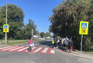 uczstnicy akcji i policjantka przy przejściu dla pieszych